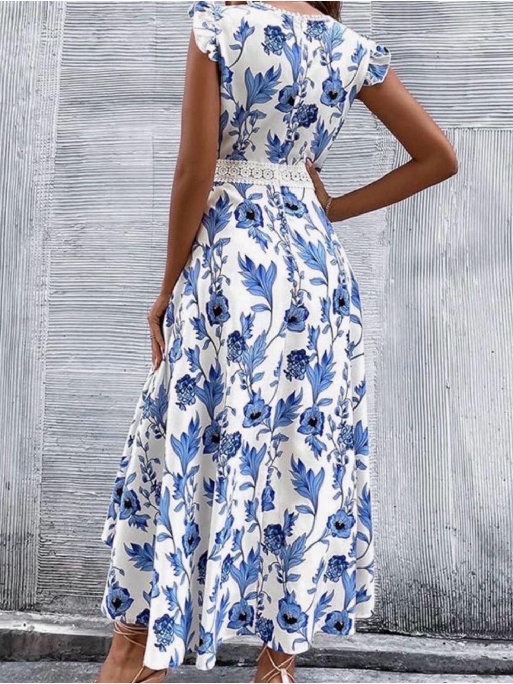 Blue White Floral High Low Soft Belle Cottagecore Flutter Sleeve Dress